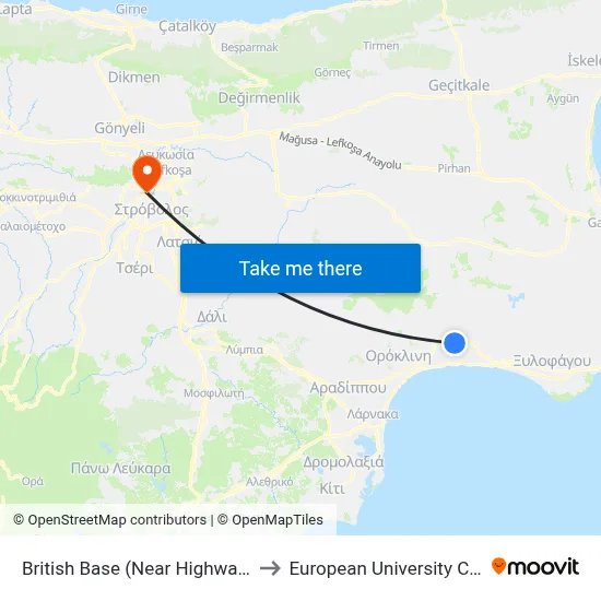 British Base (Near Highway Exit) to European University Cyprus map