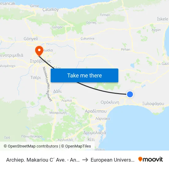 Archbishop Makarios III Avenue - Andrea Souroukli to European University Cyprus map