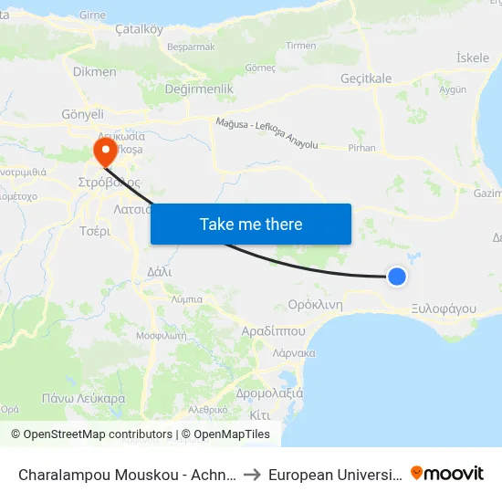 Charalampou Mouskou - Achna Roundabout to European University Cyprus map