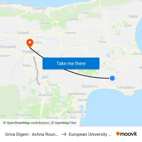 Grivas Digenis - Achna Roundabout to European University Cyprus map