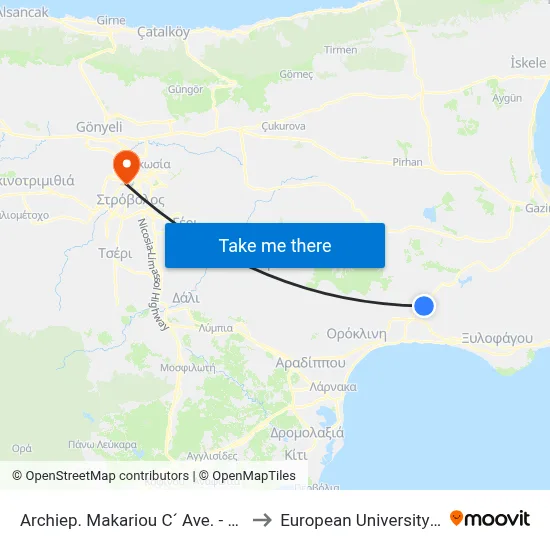Archiep. Makariou C´ Ave. - Salaminos to European University Cyprus map