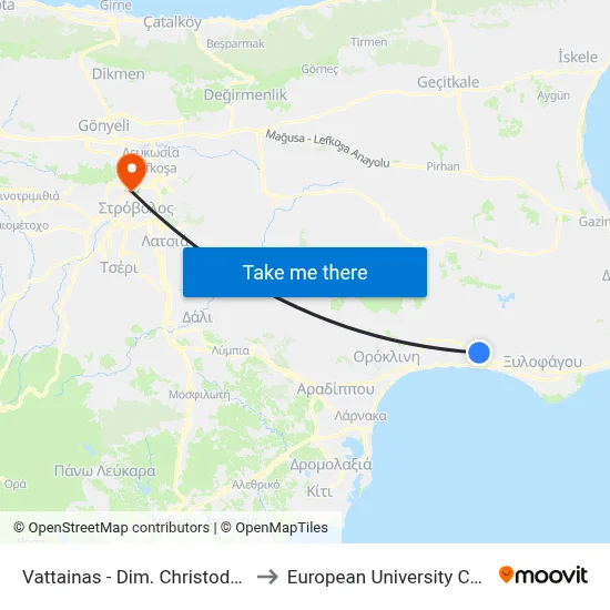 Vattainas - Dim. Christodoulou to European University Cyprus map