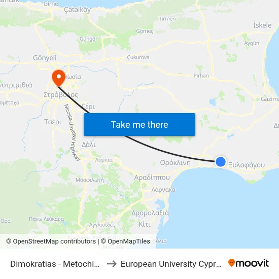 Democracy - Metochiou to European University Cyprus map