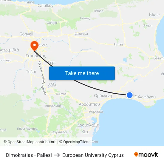 Dimokratias - Pallesi to European University Cyprus map