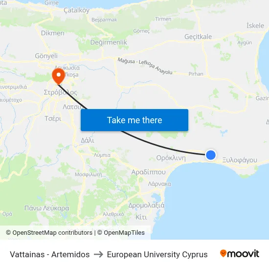 Vattainas - Artemidos to European University Cyprus map