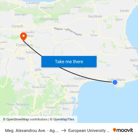 Meg. Alexandrou Ave. - Ag. Triados to European University Cyprus map