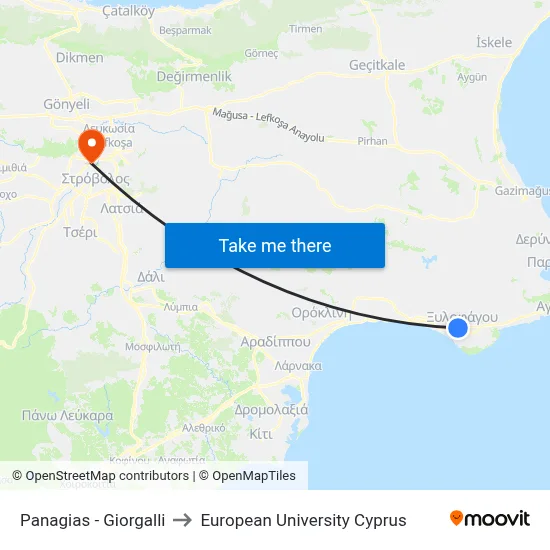 Panagias - Giorgalli to European University Cyprus map