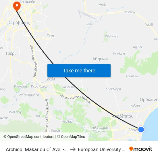 Archiep. Makariou C´ Ave. - Golgon to European University Cyprus map