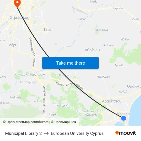 Municipal Library to European University Cyprus map
