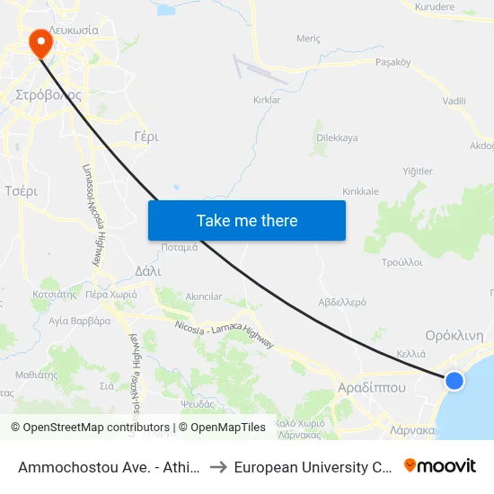 Ammochostou Ave. - Athinon to European University Cyprus map