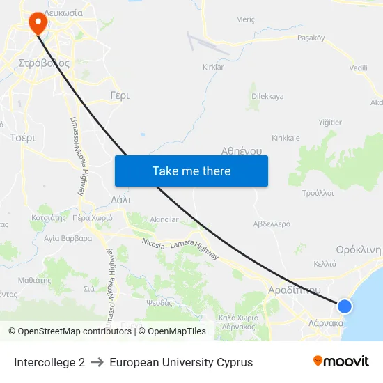 Intercollege to European University Cyprus map
