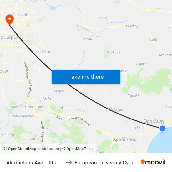 Akropoleos Avenue - Ithakis to European University Cyprus map