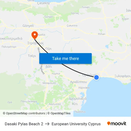 Dasaki Pylas Beach to European University Cyprus map