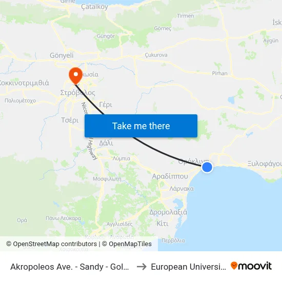 Acropolis Ave. - Sandy - Golden Bay Hotels to European University Cyprus map