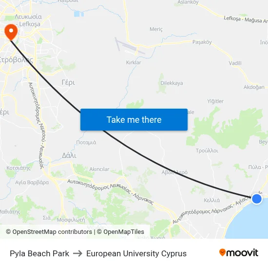 Pyla Beach Park to European University Cyprus map