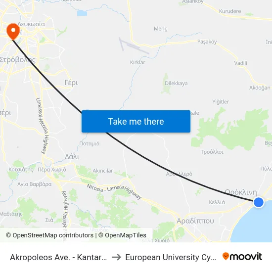 Acropolis Avenue - Kantaras to European University Cyprus map