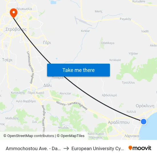 Ammochostou Ave. - Dafnis to European University Cyprus map