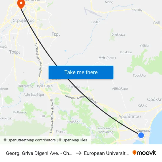 Georgios Griva Digeni Avenue - Christos Iakovidou to European University Cyprus map