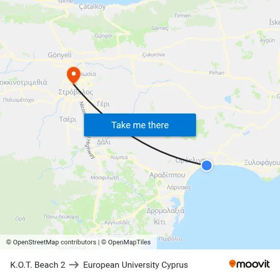 K.O.T. Beach to European University Cyprus map