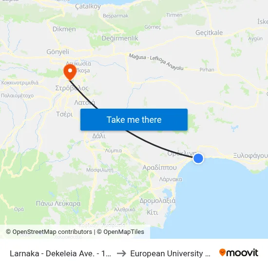 Larnaca - Dekelia Avenue - 1st Stop to European University Cyprus map