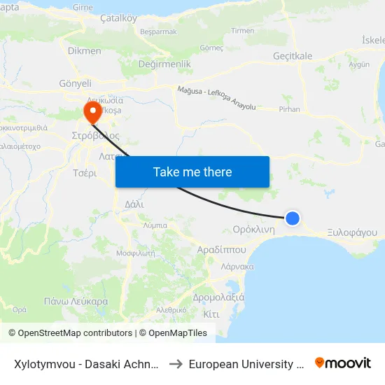 Xylotymvou - Dasaki Achnas Road to European University Cyprus map