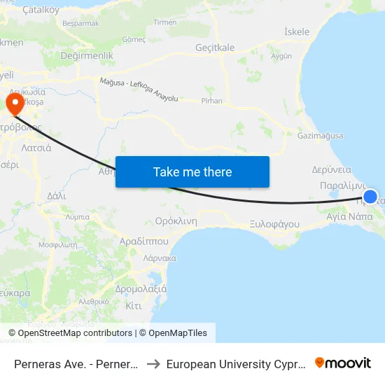Perneras Ave. - Perneras to European University Cyprus map