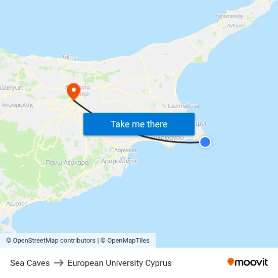 Sea Caves to European University Cyprus map