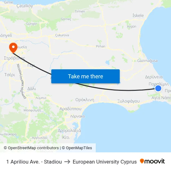 1st April Ave - Stadiou to European University Cyprus map