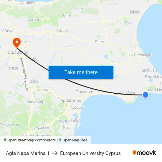 Ag. Napa Marina to European University Cyprus map