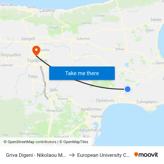 Griva Digeni - Nikolaou Michail to European University Cyprus map