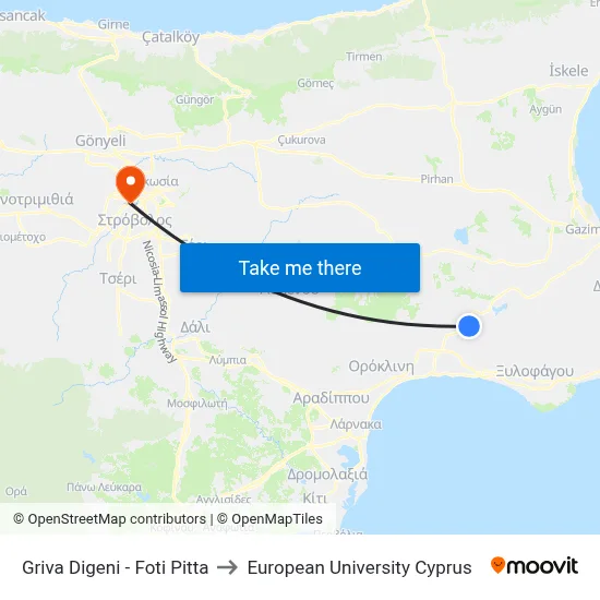 Griva Digeni - Foti Pitta to European University Cyprus map