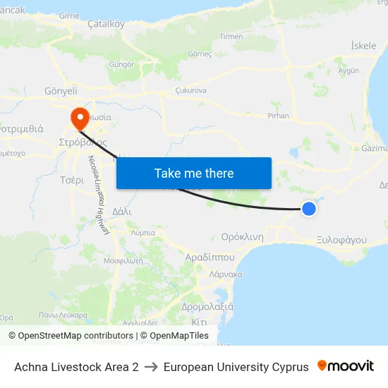 Achna Livestock Area to European University Cyprus map