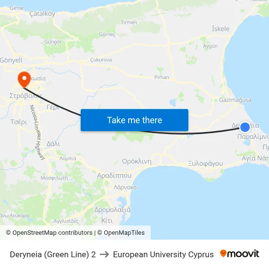 Deryneia (Green Line) 2 to European University Cyprus map