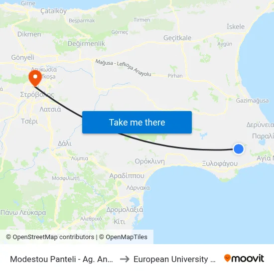 Modestou Panteli - Ag. Anargyron to European University Cyprus map