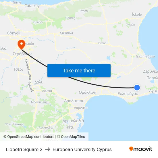Liopetri Square 2 to European University Cyprus map
