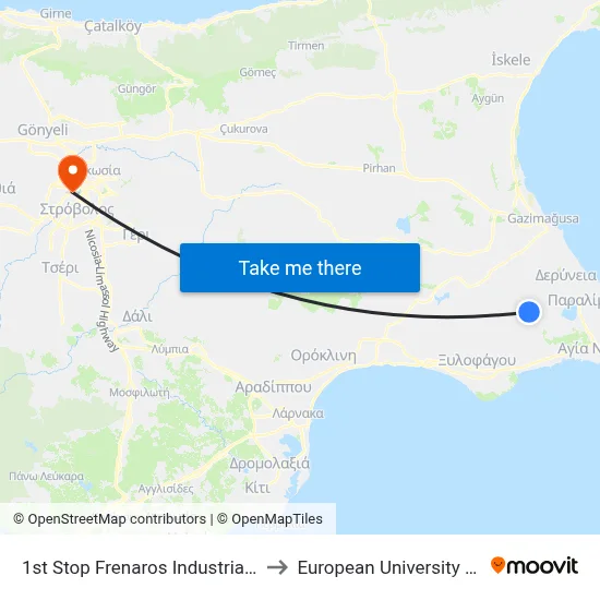 1st Stop Frenaros Industrial Zone to European University Cyprus map