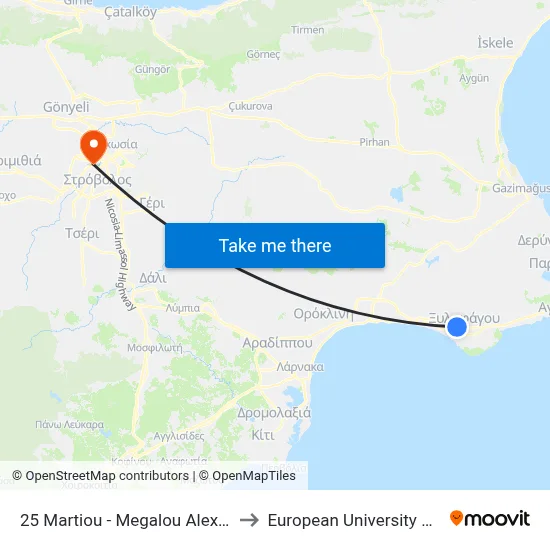 25 Martiou - Megalou Alexandrou to European University Cyprus map