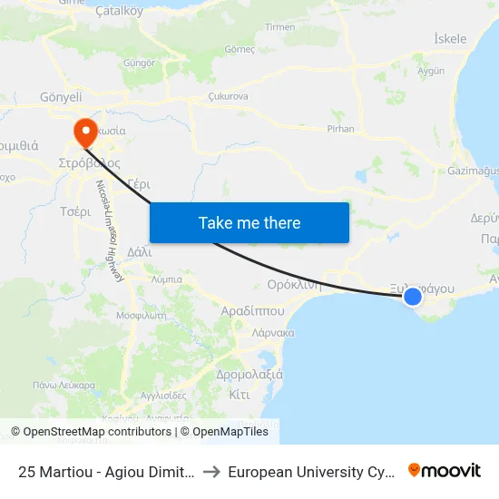 25 Martiou - Ag. Dimitriou to European University Cyprus map