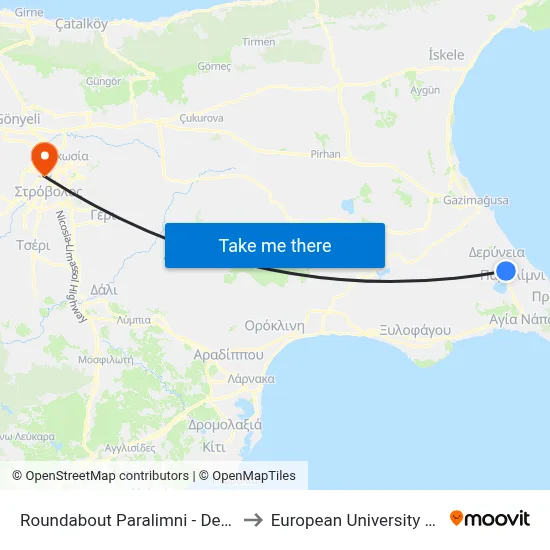 Roundabout Paralimni - Deryneia 2 to European University Cyprus map