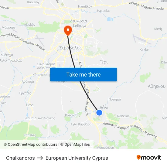 Chalkanoros to European University Cyprus map