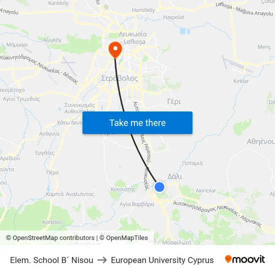 Elem. School B´ Nisou to European University Cyprus map