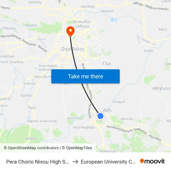 Pera Chorio Nisou High School to European University Cyprus map