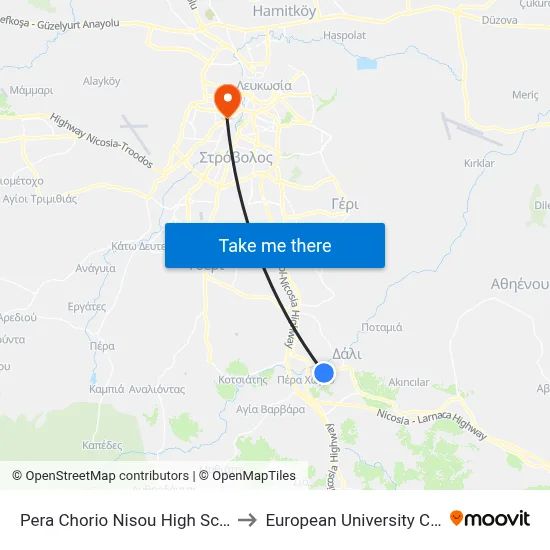 Pera Chorio Nisou High School 1 to European University Cyprus map