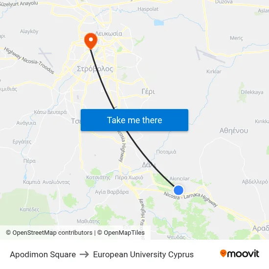 Apodimon Square to European University Cyprus map