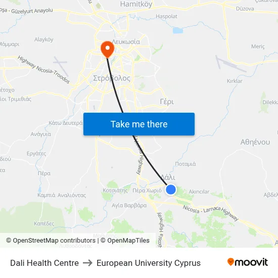 Dali Health Centre to European University Cyprus map