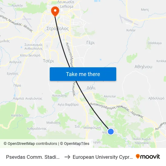 Psevdas Comm. Stadium to European University Cyprus map