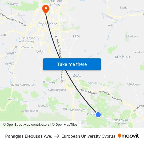 Panagias Eleousas Ave. to European University Cyprus map