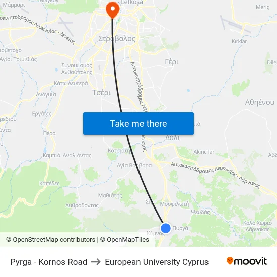 Pyrga - Kornos Road to European University Cyprus map