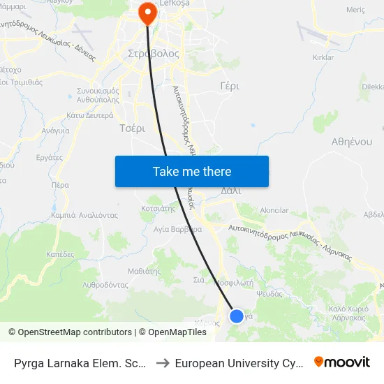 Pyrga Larnaka Elem. School to European University Cyprus map