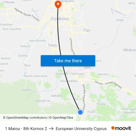 1 Maiou - 8th Kornos to European University Cyprus map